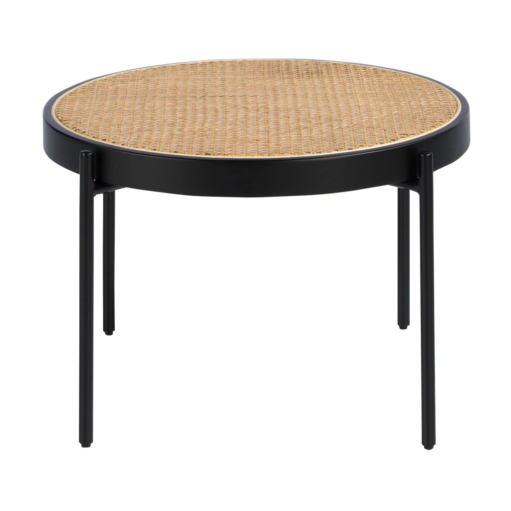 Tavolino rotondo in rattan, legno nero e acciaio nero
