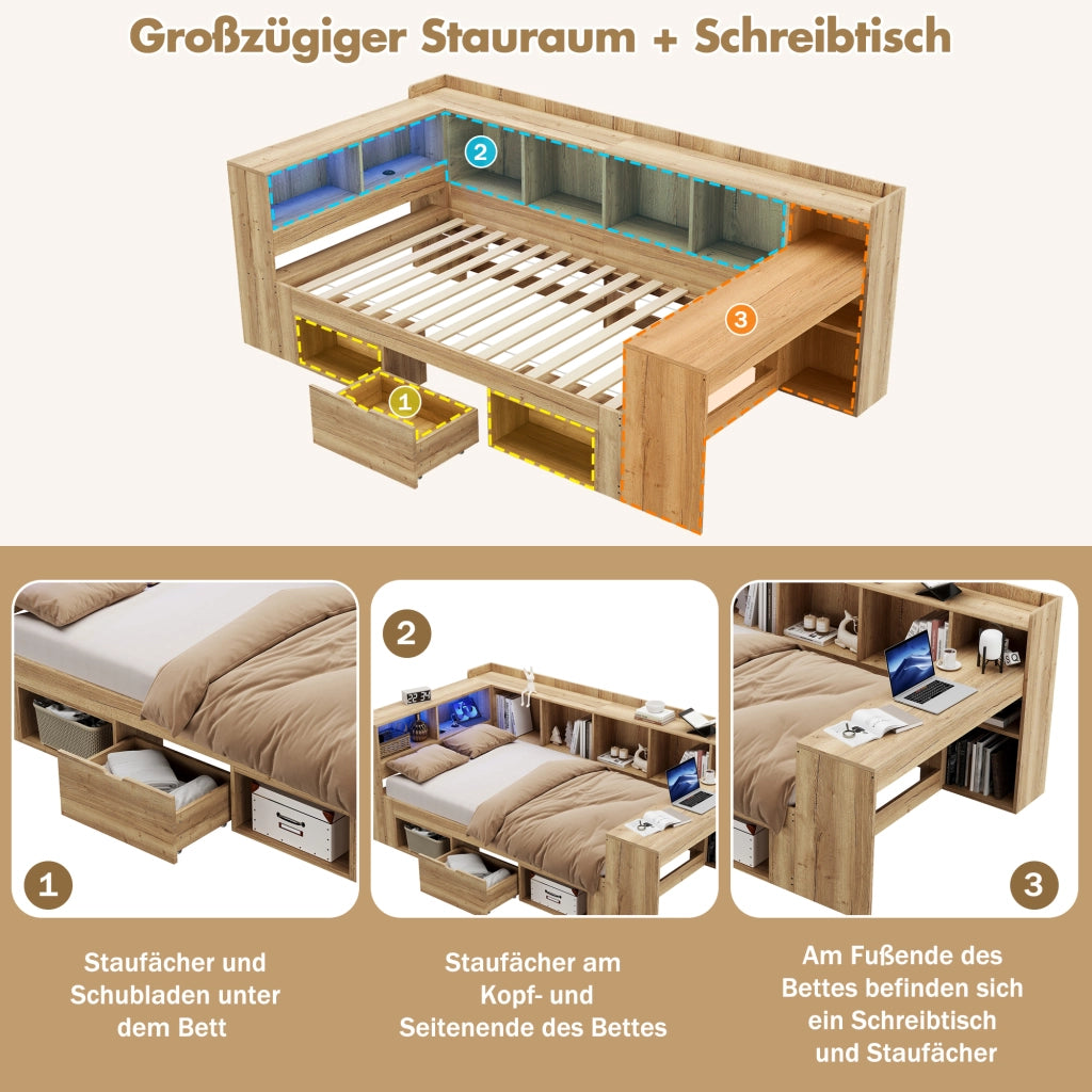 Letto Singolo con Scrivania e LED ¨C MINIMAL ¨C Legno, Contenitore, Cassetti, 90x200