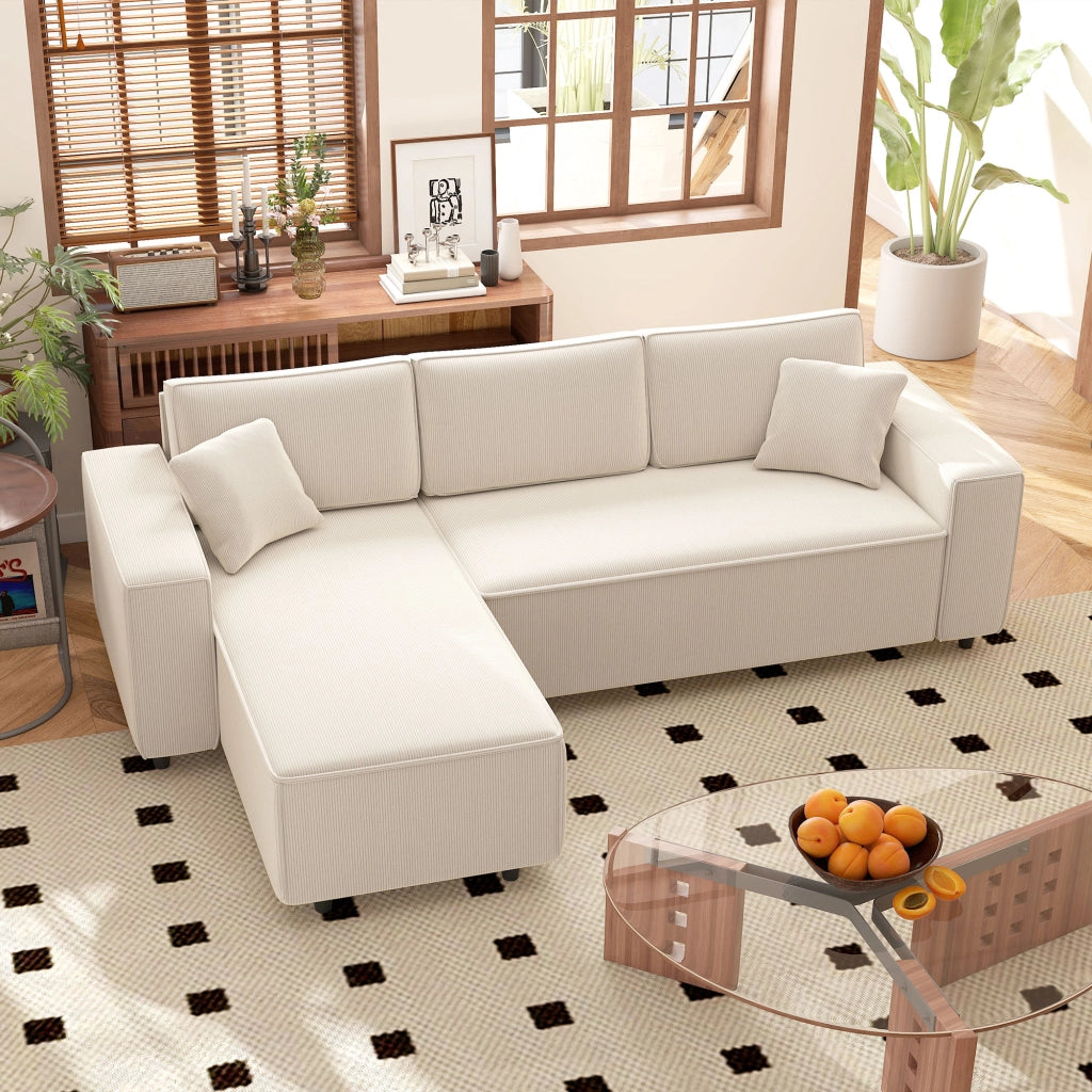 Divano con Penisola a 3 Posti 241x153x83 cm in Tessuto Effetto Velluto Bianco Crema