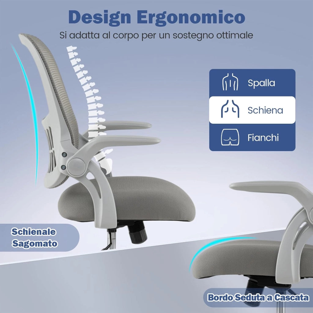 Sedia da Ufficio, Poltrona Ergonomica in Rete Traspirante con Braccioli Reclinabili, Poltrona da Scrivania Girevole Regolabile in Altezza con Ruote