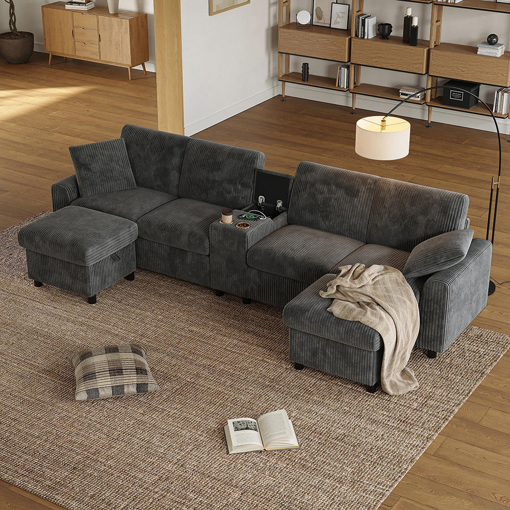 Divano a U in velluto - Xylo - Con 2 poggiapiedi, USB, Type-C, grigio (315cm)