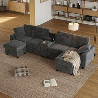 Divano a U in velluto - Xylo - Con 2 poggiapiedi, USB, Type-C, grigio (315cm)