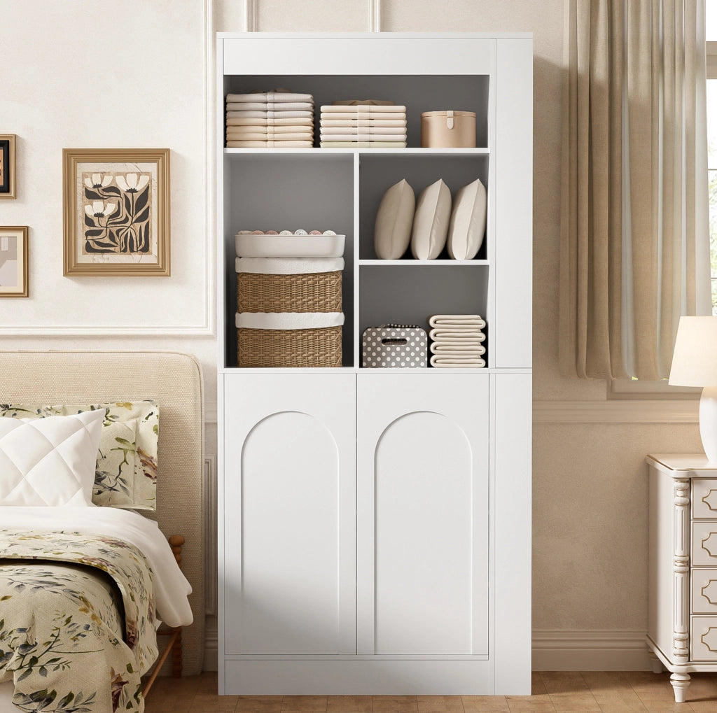 Mobile alto ULEVR 85x35x180 cm con 2 ante, ripiani aperti e ripiani laterali, bianco