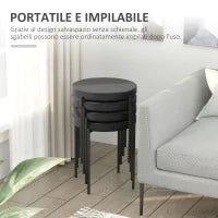Set 4 Sgabelli Bassi e Rotondi in Metallo e Tessuto Effetto Velluto, 41.5x41.5x46 cm, Nero