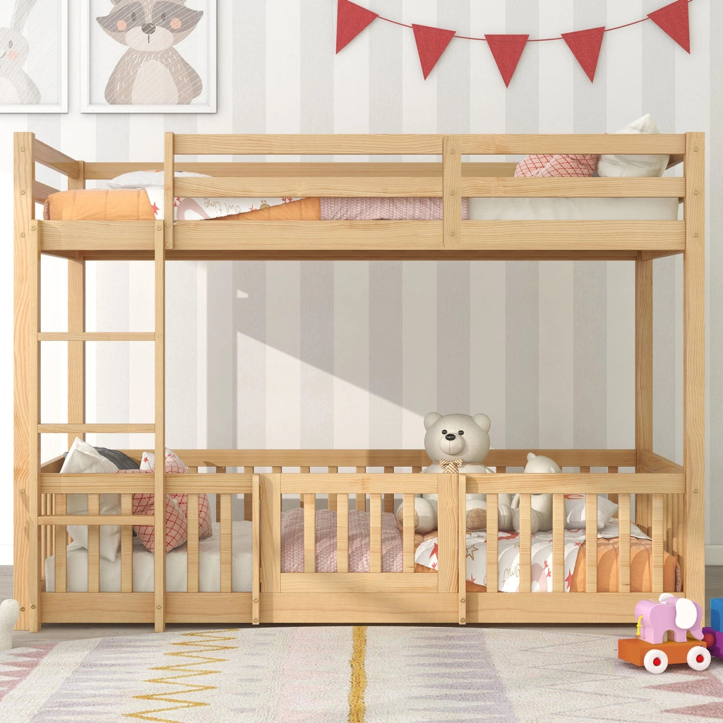 OKWISH Letto a Castello 90×200 cm, Letto Singolo con Scala Dritta, Sponde e Porta, senza Materasso, in Legno Massello, Naturale