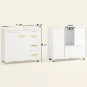 Mobile sottolavabo bagno bianco con 2 ripiani e 3 cassetti, MDF e truciolare, 70 x 30 x 65 cm