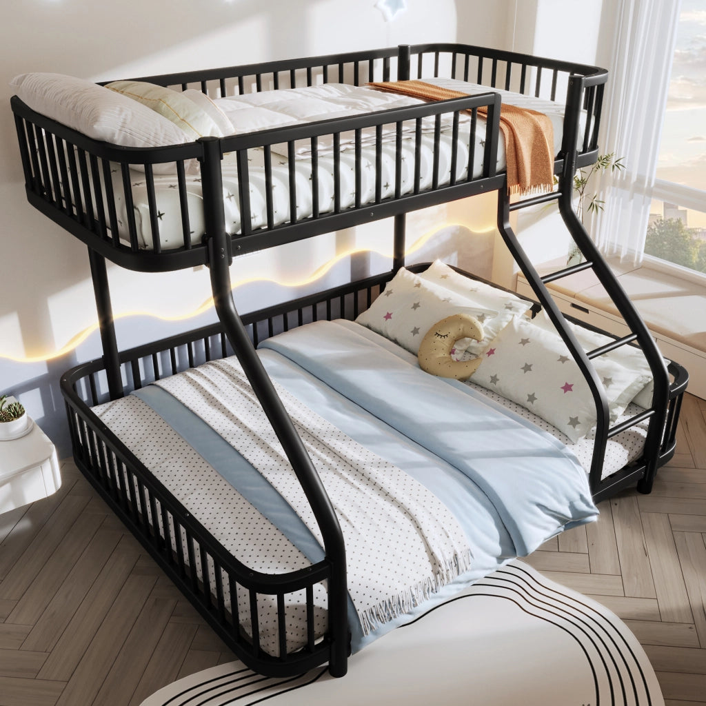 Letto a castello per bambini 90x200 + 140x200 cm; in metallo con barriere di sicurezza e scala; letto familiare; nero