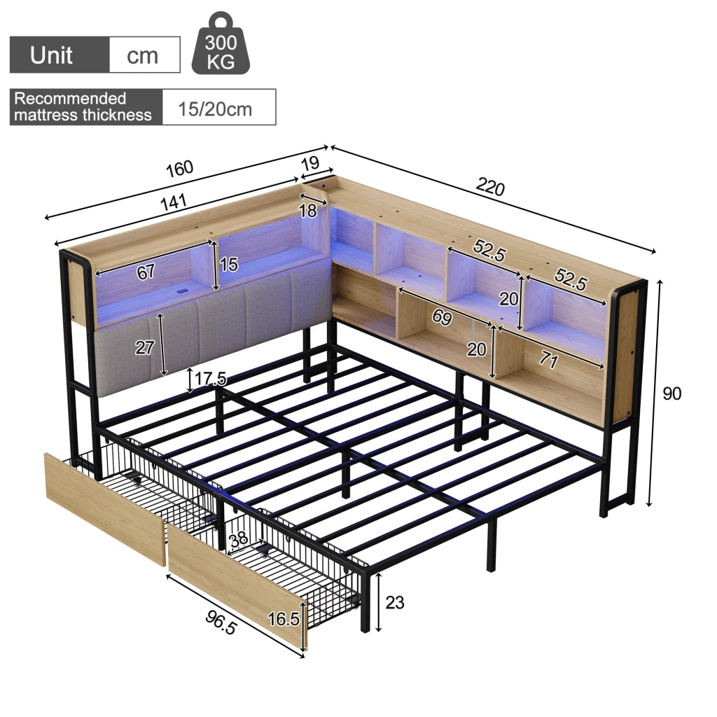 Letto a giorno con illuminazione LED USB Type C e cassetti in MDF metallo 140x200 cm