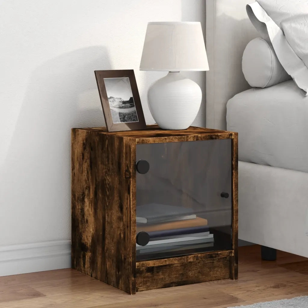 Comodino | Armadio da Notte | Mobiletto da notte con Anta in Vetro Rovere Fumo 35x37x42 cm