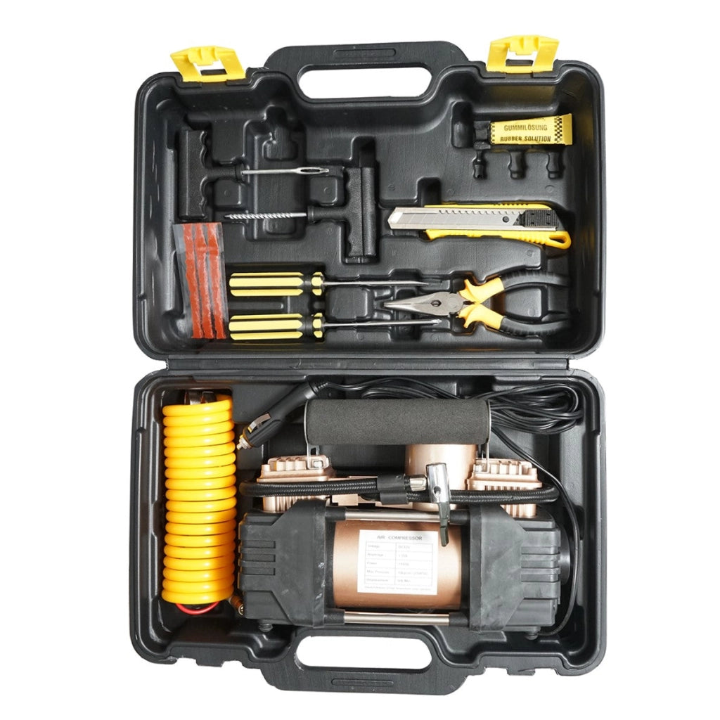 Compressore d’aria per gonfiaggio gomme 12V 180W, 150 PSI, 45 l/min, cavo 3 m, kit per foratura auto Breckner Germany