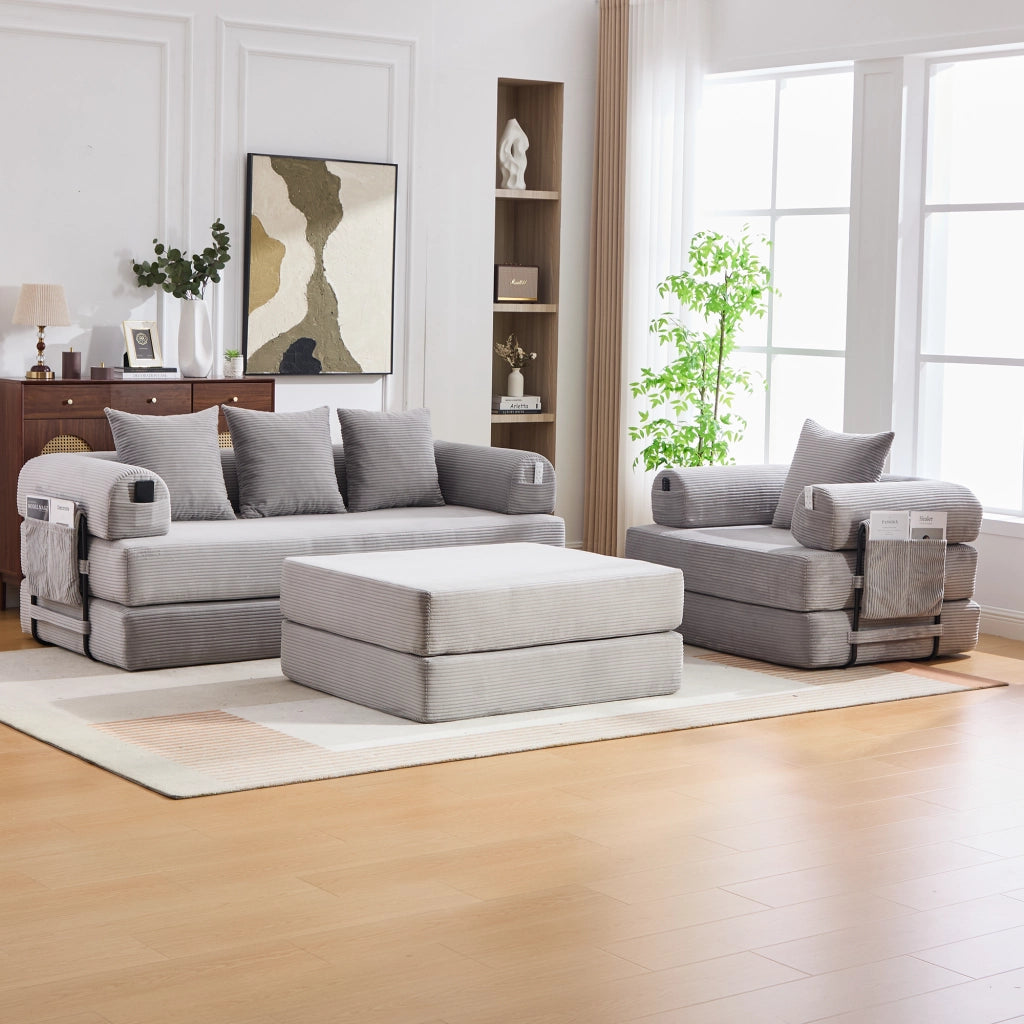 DIVANO modulare in corda grigio chiaro con pouf e cuscini