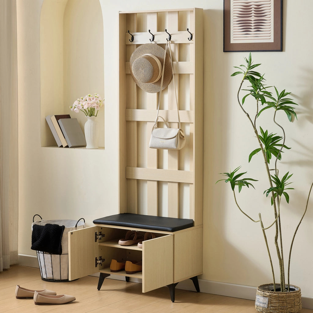 Mobili da ingresso con panca e 4 ganci, vani contenitore, in MDF effetto legno, stile moderno, per ingresso, 60 × 35 × 179,5 cm