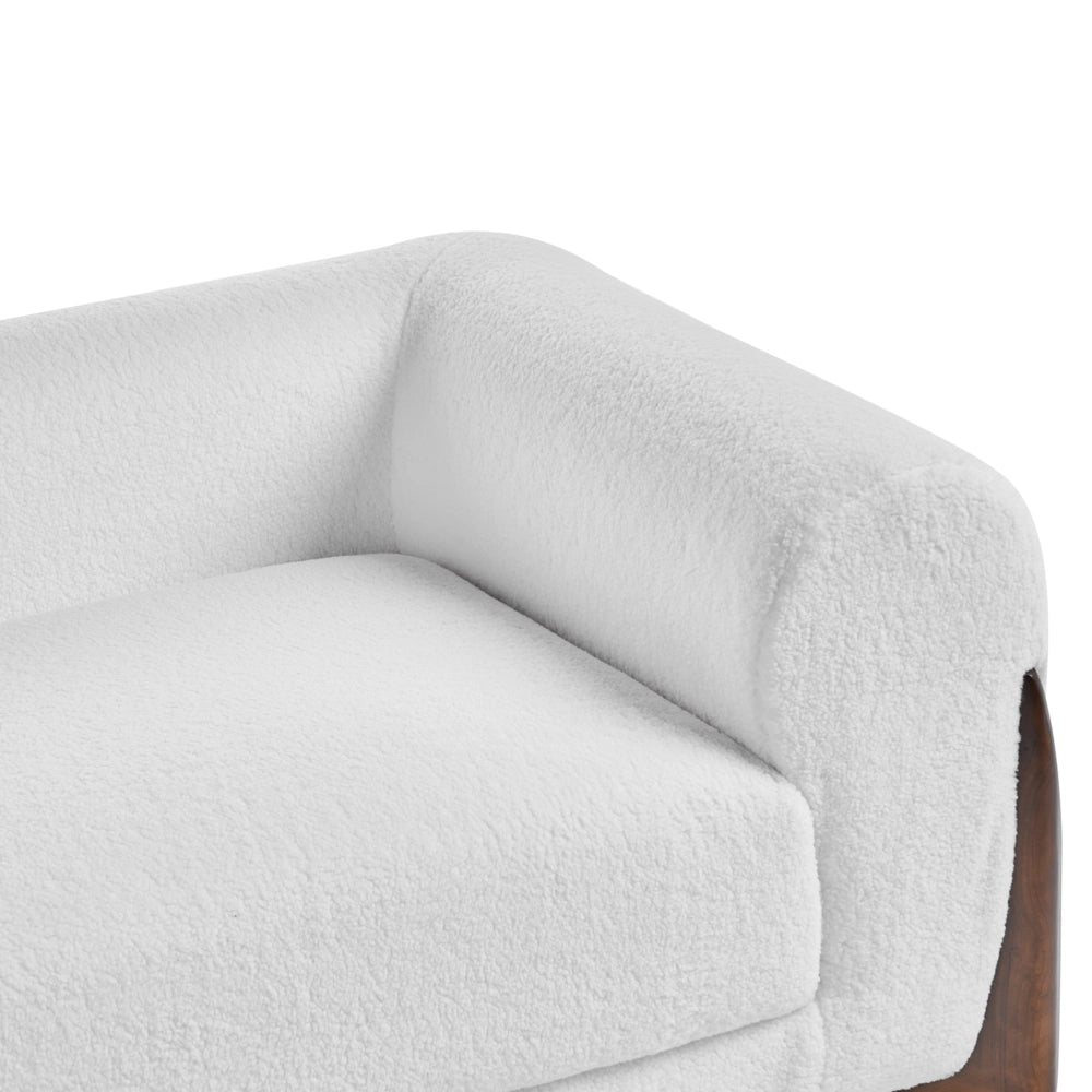 Divano a 3 posti Rivestimento in tessuto bouclè bianco Gambe in legno con braccioli Soggiorno Stile moderno