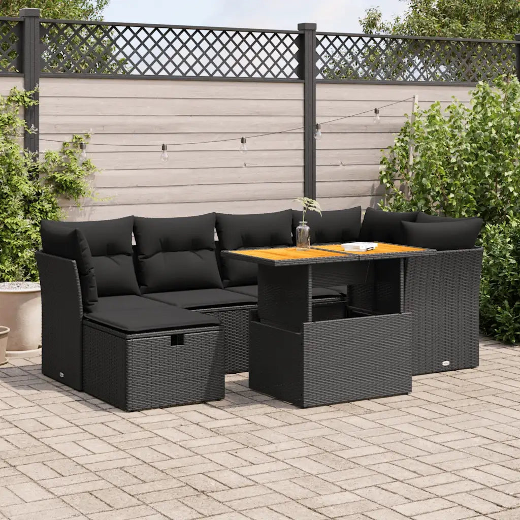 vidaXL Set Divani da Giardino con Cuscini 7pz Nero Polyrattan Acacia