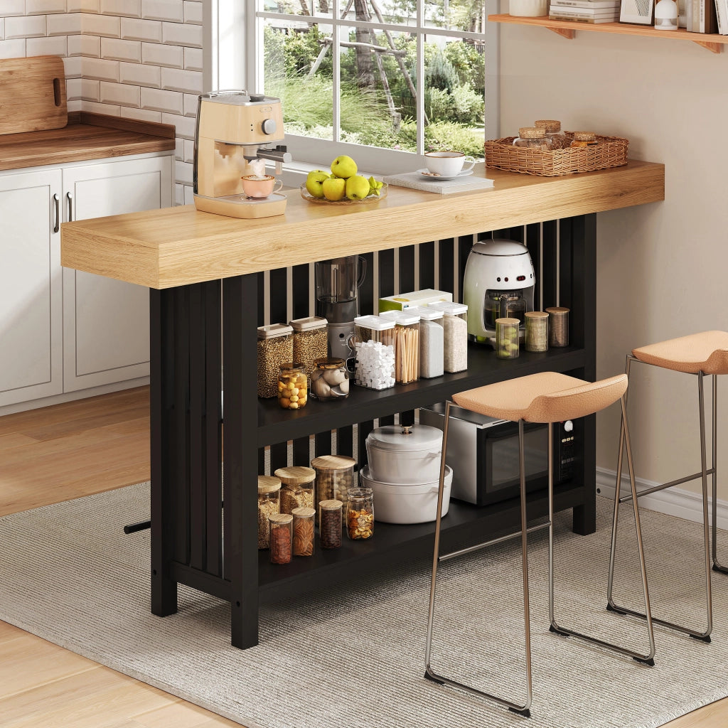 Tavolo da bar con ripiani a 2 livelli e poggiapiedi 160 × 40 × 105 cm in MDF nero per cucina e soggiorno