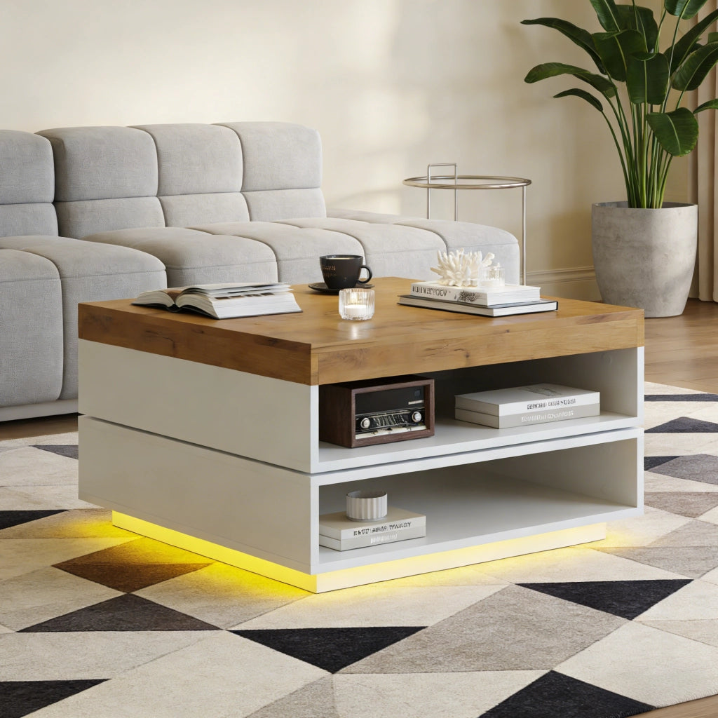 Tavolino da caffè quadrato girevole 360° con LED e vani aperti 65x65x40 cm in MDF bianco e rovere