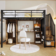 Letto a soppalco ULEVR 90x200 cm con armadio, scrivania e gradini contenitore, metallo e MDF nero