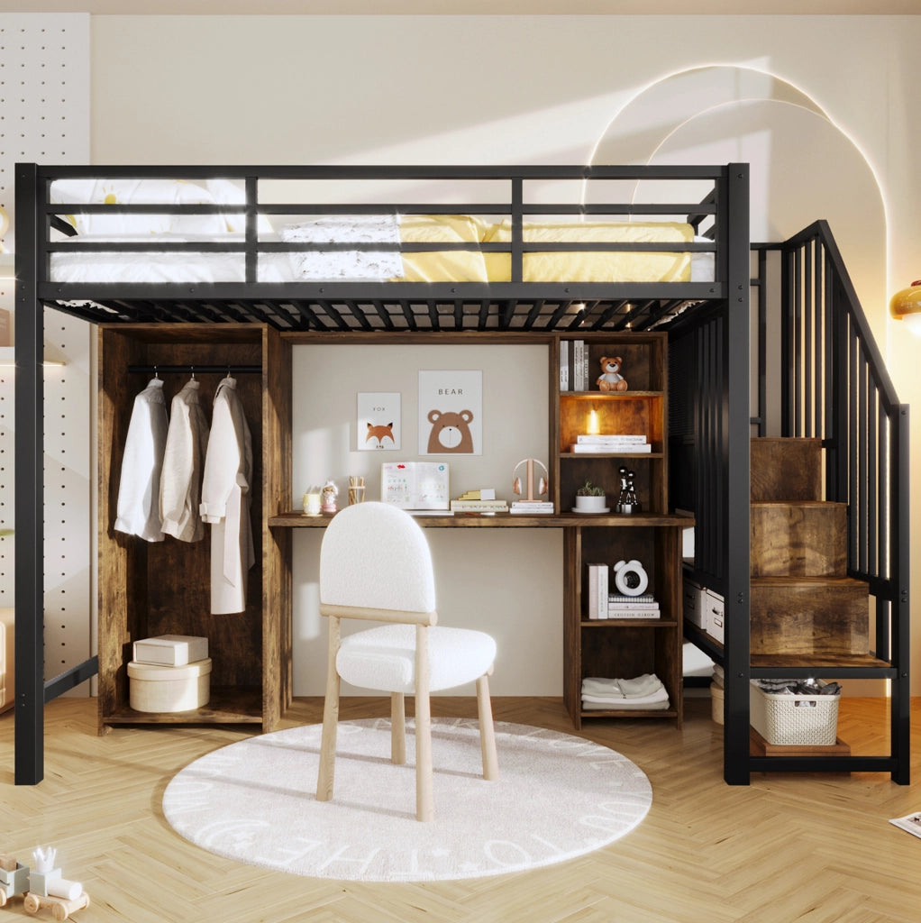 Letto a soppalco ULEVR 90x200 cm con armadio, scrivania e gradini contenitore, metallo e MDF nero