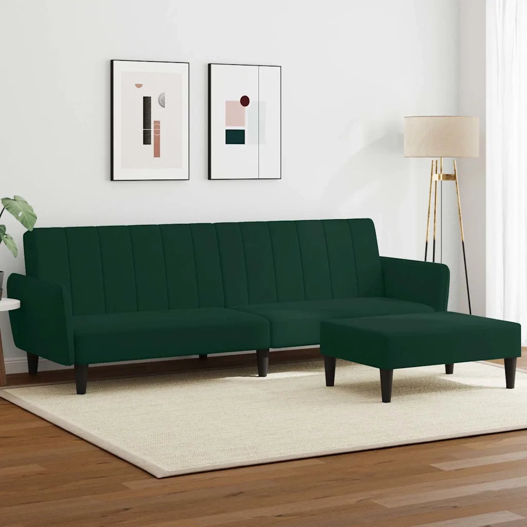 Divano Letto a 2 Posti con Poggiapiedi Verde Scuro in Velluto