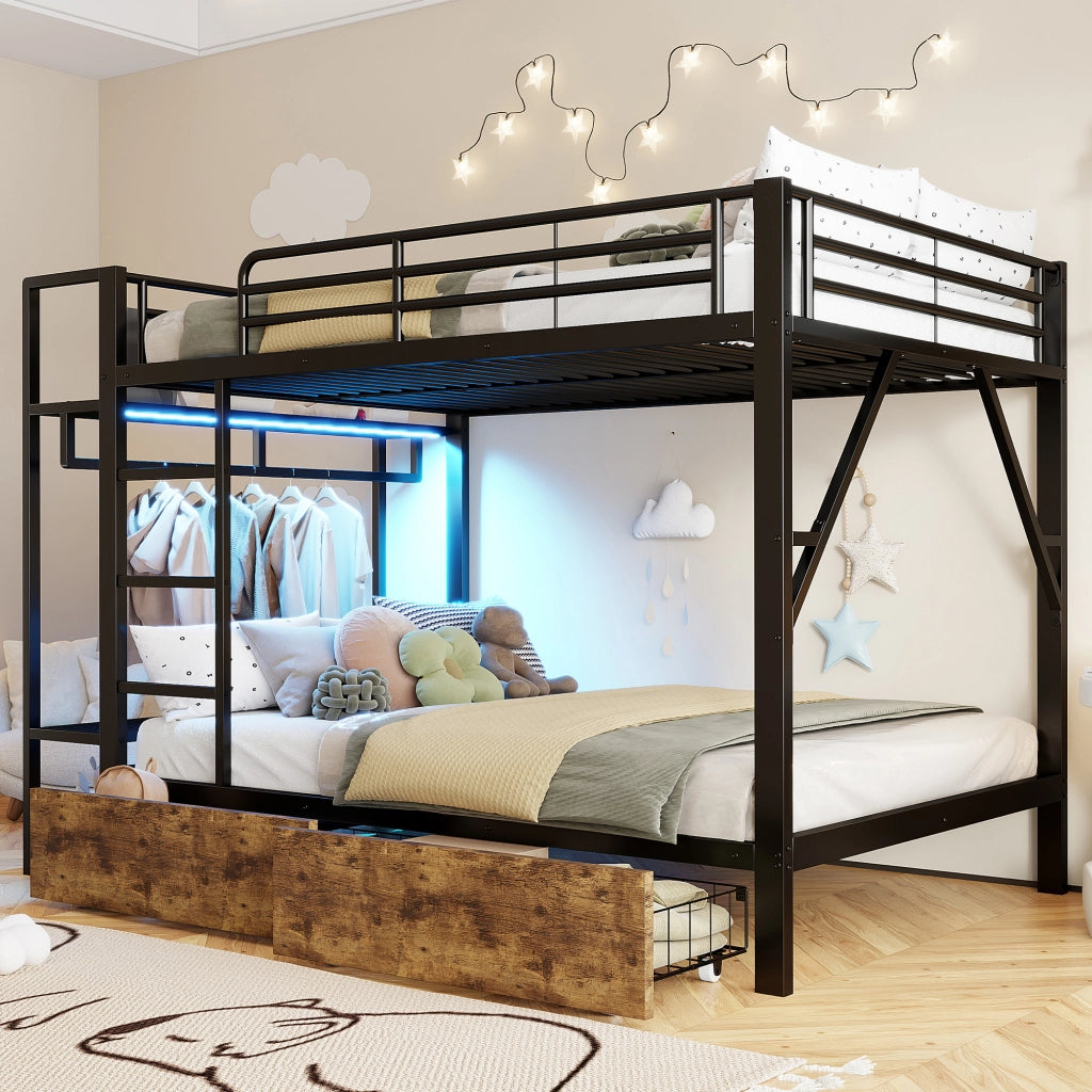 Letto a soppalco 140 × 200 cm; letto matrimoniale con 2 cassetti; ripiani; LED e appendiabiti