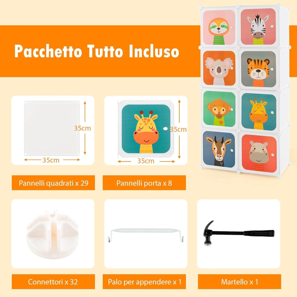 Guardaroba Portatile per Bambini, Armadio Guardaroba Modulare per Bambini con 8 Cubi, per Soggiorno, Camera da Letto, 75 x 35 x 145 cm