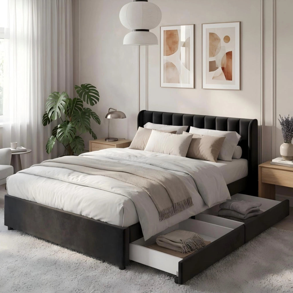 Letto imbottito 140 x 200 cm in velluto nero con rete a doghe, 2 cassetti e testiera alta