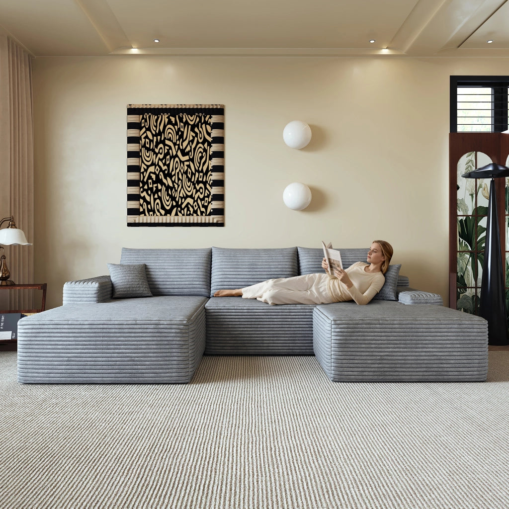 Divano angolare modulare senza montaggio con chaise longue in velluto a coste grigio e schiuma ad alta elasticità