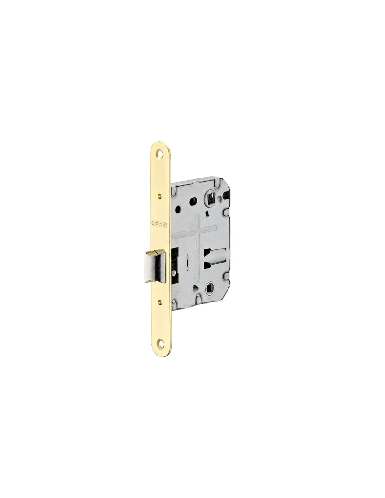 Serratura da incasso per WC, asse 50 mm, interasse 70 mm, frontale ottonato arrotondato – THIRARD