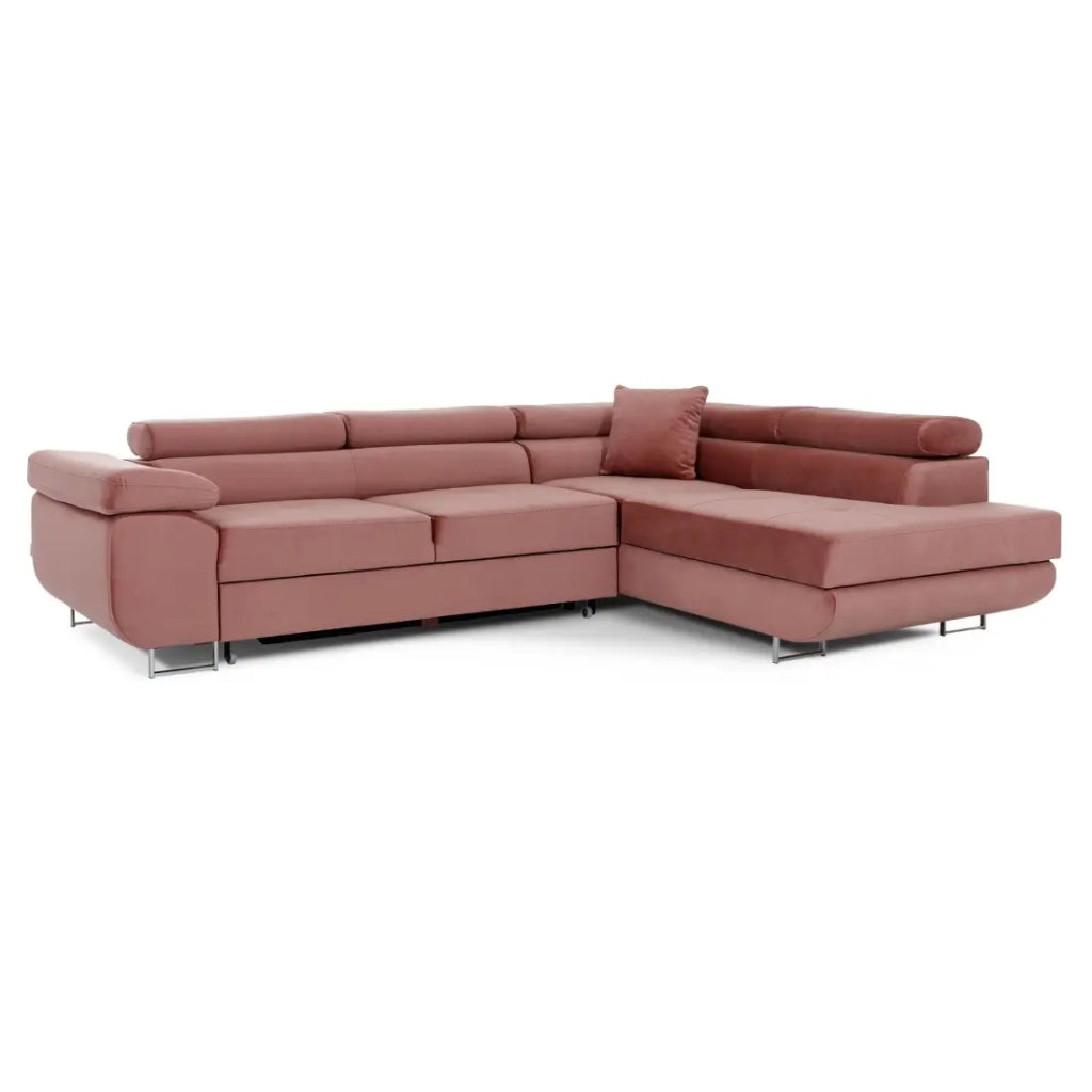 Divano ad angolo convertibile MENTON in velluto rosa - Angolo destro con contenitore