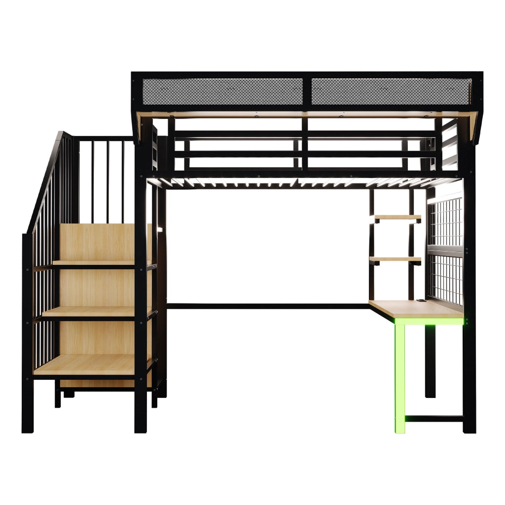 Letto a soppalco in metallo 90x200 cm con scrivania, scaffali, rete portaoggetti, LED e presa, nero