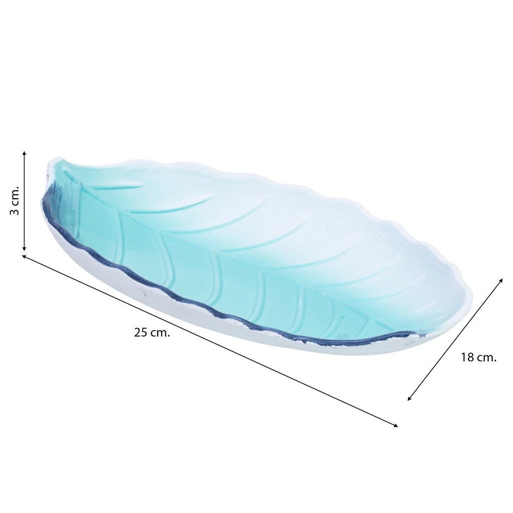 Vassoio decorativo in legno blu con foglia, 25x18x3h cm