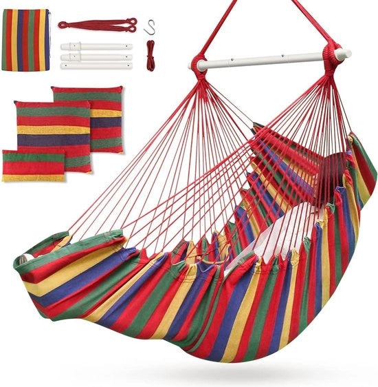 Sedia a sospensione per esterno e interno, sedia a sospensione, outdoor, per bambini e adulti fino a 200 kg, sedia a sospensione con 3 cuscini e supporto per gambe esteso