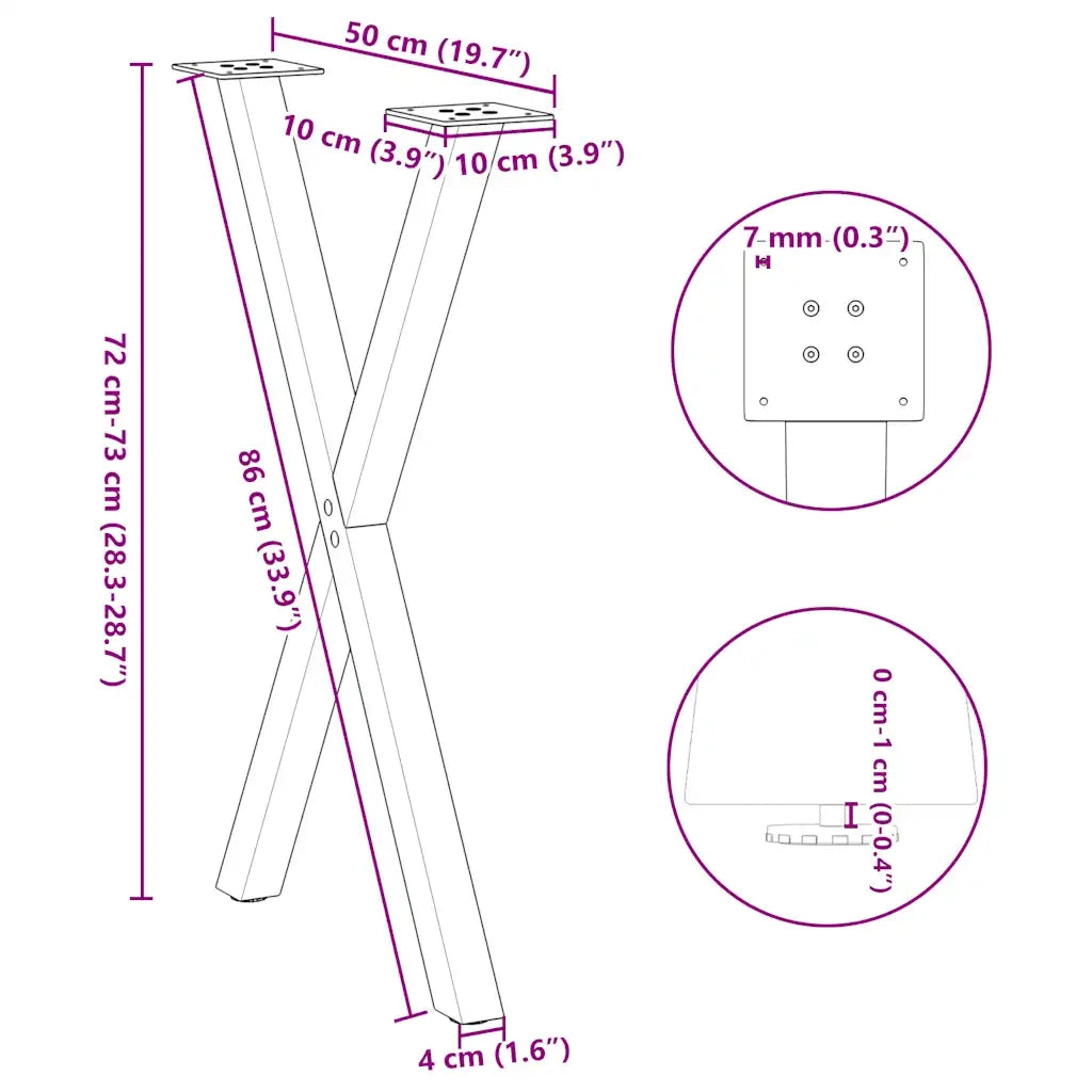 Gambe per tavolo da pranzo a forma di X 2 pz nere 50x(72-73) cm in acciaio 4012908