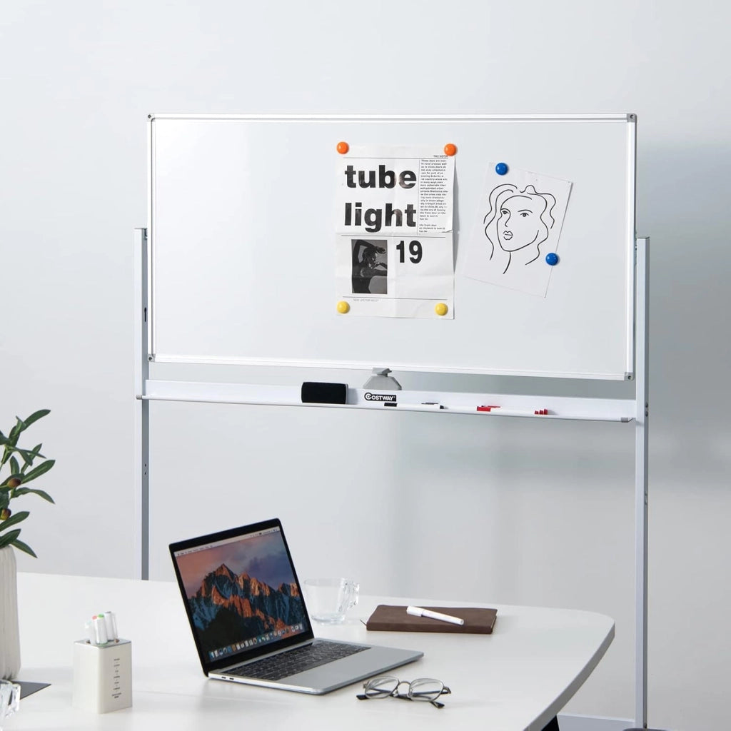Lavagna Bianca Magnetica Doppia, Design Regolabile in Altezza con Ruote Bloccabili, 6 Pennarelli, 12 Calamite e 1 Cancellino, Ideale per Casa Ufficio e Scuola, 126 x 59 x 145/165 cm (Bianco)