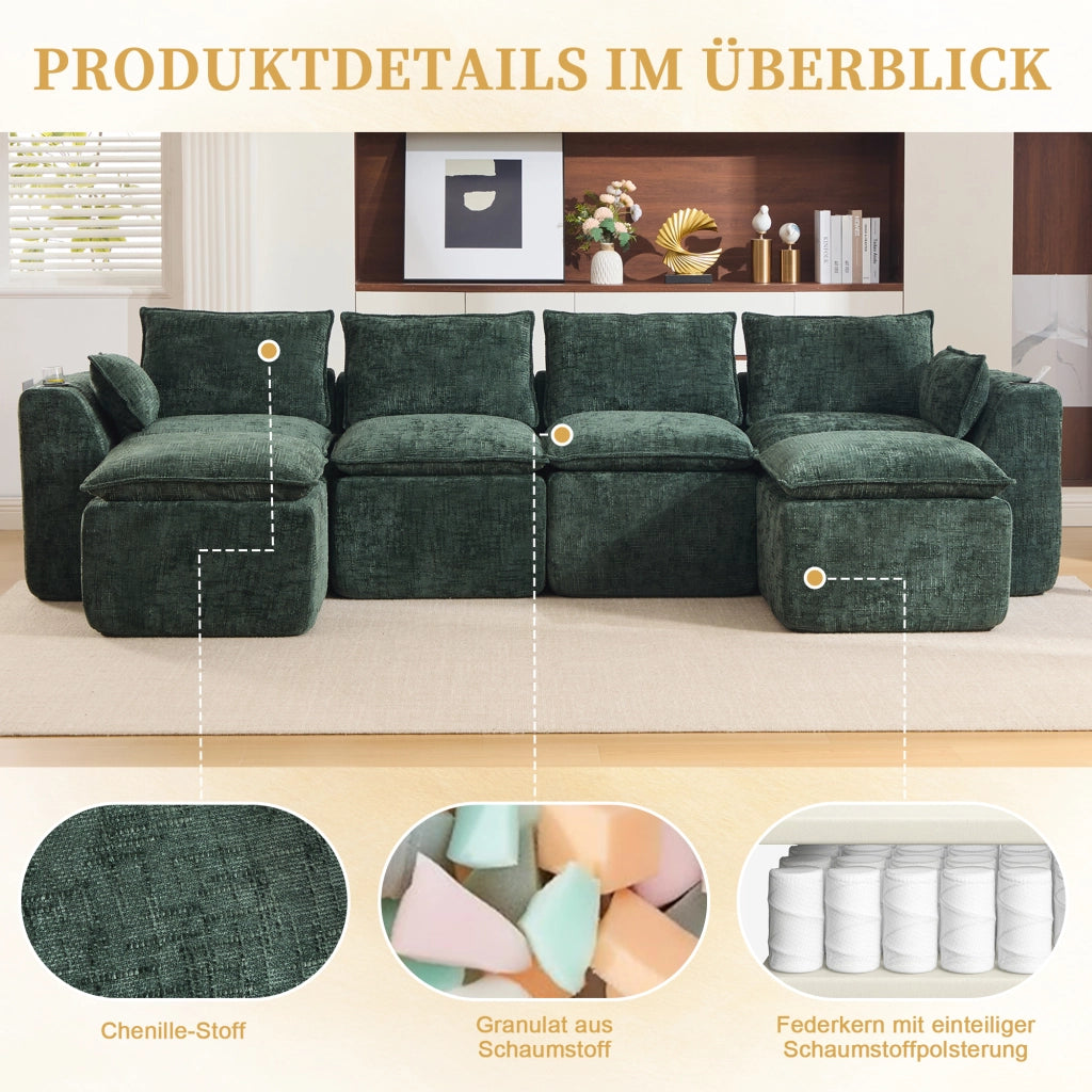 Divano modulare 4 posti con tasche laterali e cuscini in chenille verde per soggiorno e sala d'attesa 322 × 161 × 75 cm