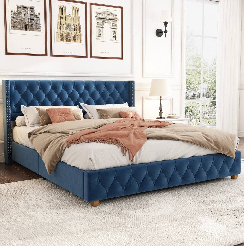 Letto imbottito in velluto blu 160 x 200 cm con rete e testiera decorata