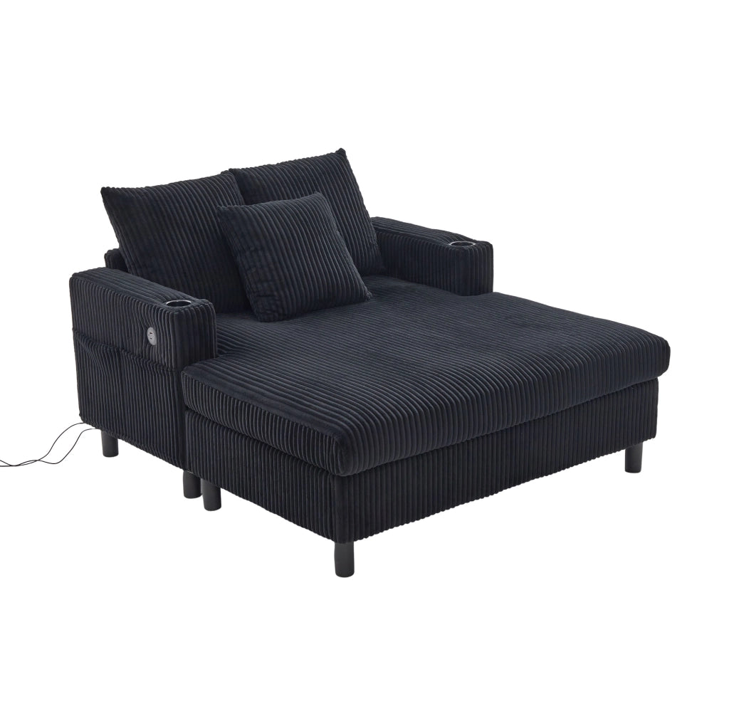 Poltrona relax 142x128x85 cm con LED; porta bicchiere e USB in corduroy nero