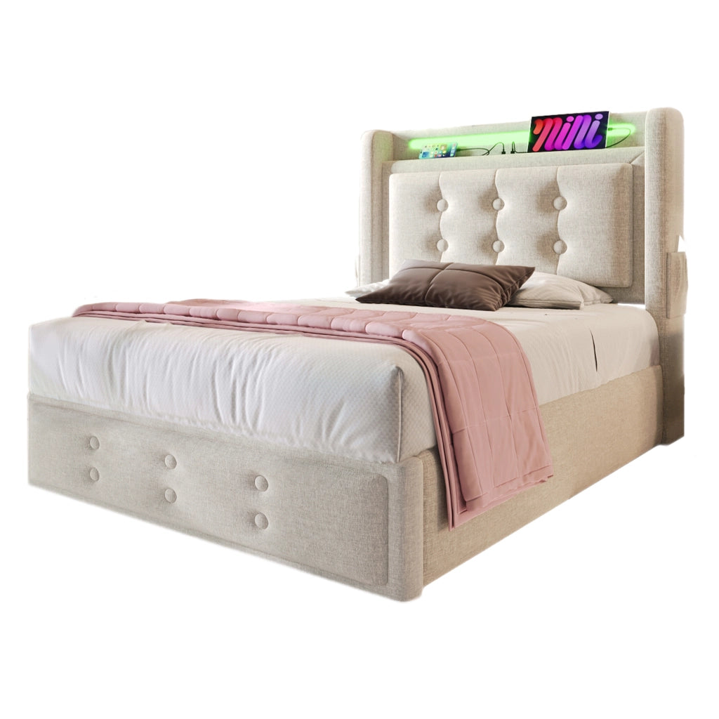 Letti contenitori 90x200 cm; testiera con LED e prese USB; cotone lino; beige (Senza materasso)