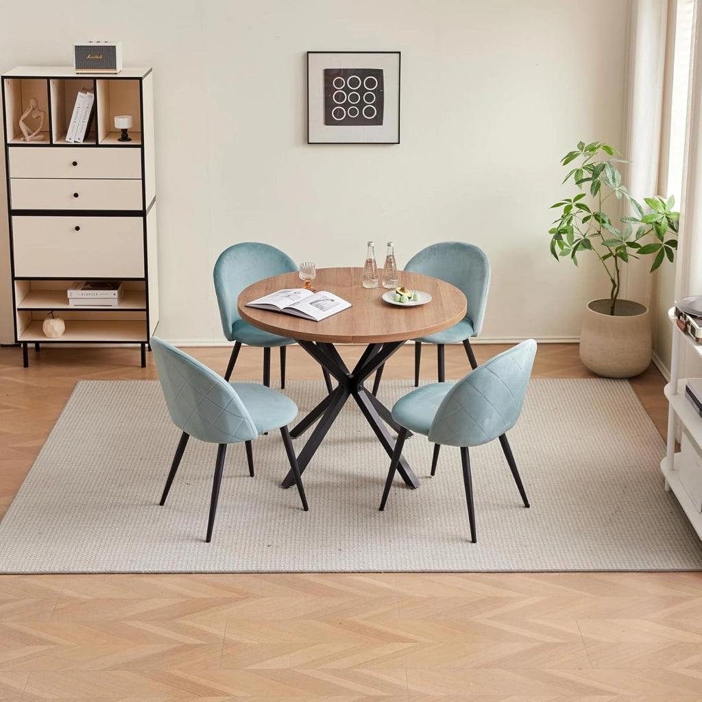 GrandCA HOME Set Tavolo e Sedie da Pranzo, Tavolo Rotondo da 100 cm e 4 Sedie in Velluto Nordico, Adatto a Soggiorno, Sala da Pranzo e Cucina (Venature in Legno Scuro + Verde)