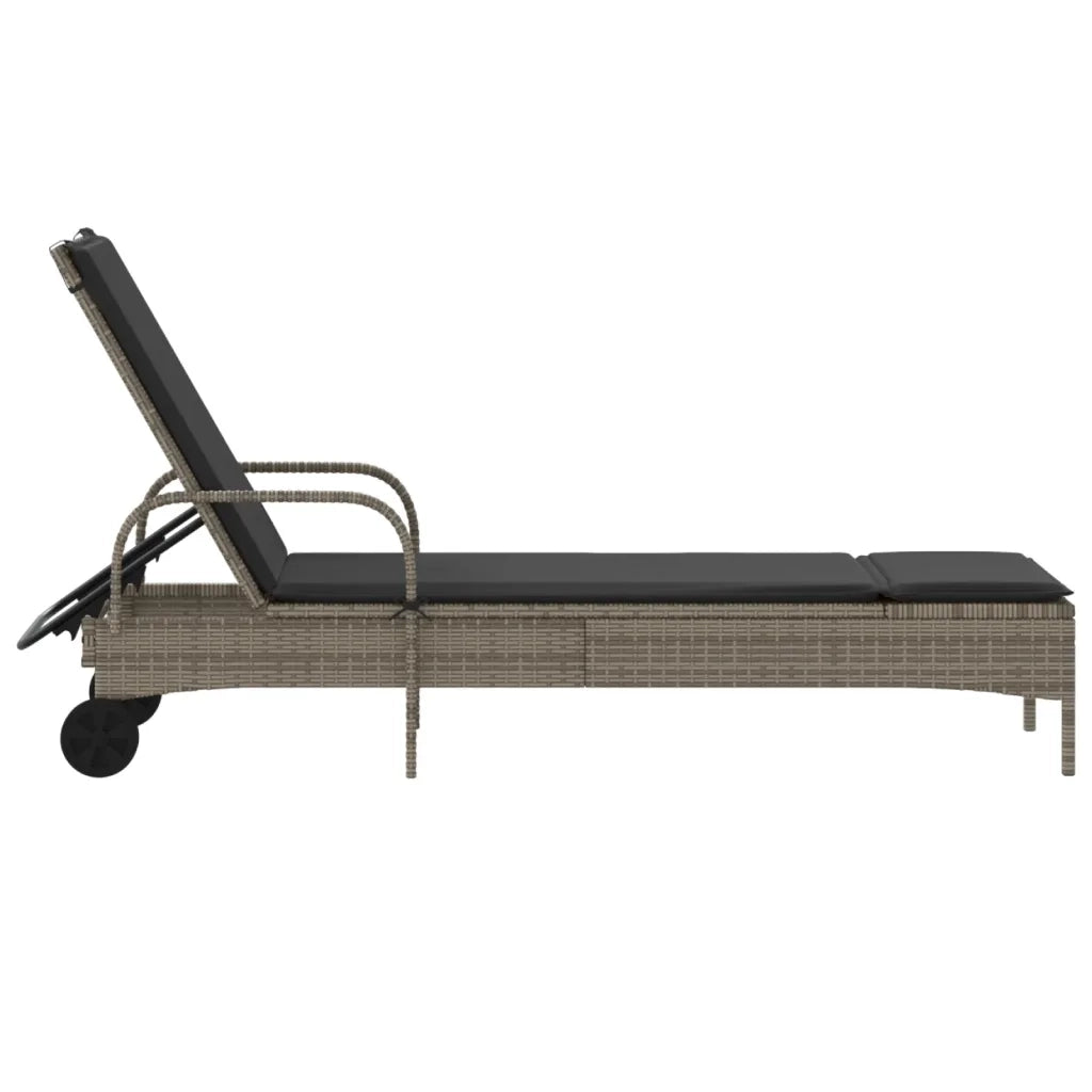 Lettino Prendisole | Sdraio da giardino | Lettino da sole con Ruote e Cuscino in Polyrattan Grigio