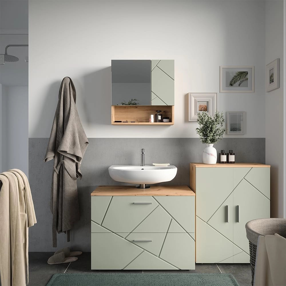Set di mobili da bagno Irma, Verde salvia, 80 cm, composto da mobile sottolavabo, specchiera e mobile medio
