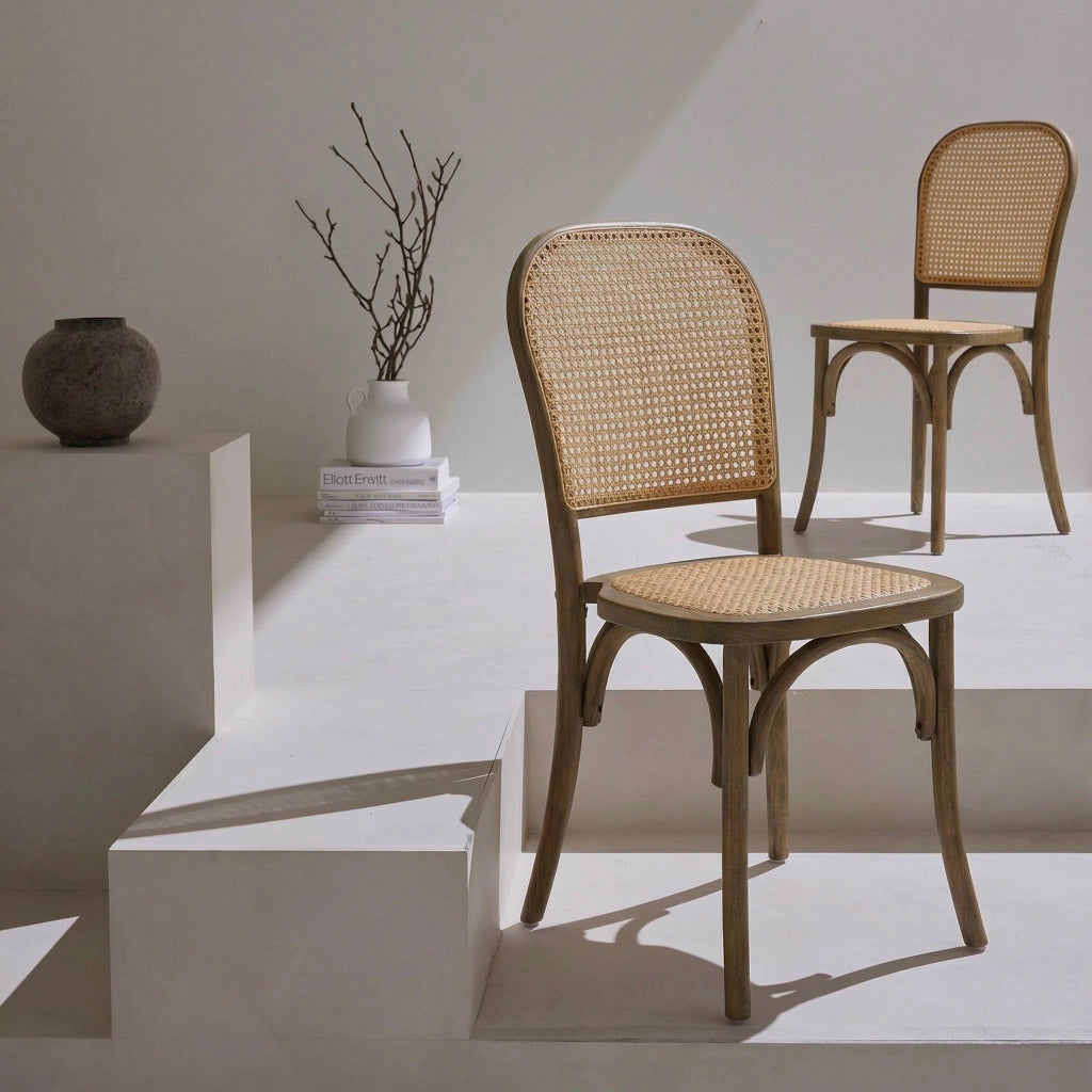 Set di 2 sedie vintage in legno e rattan, marrone