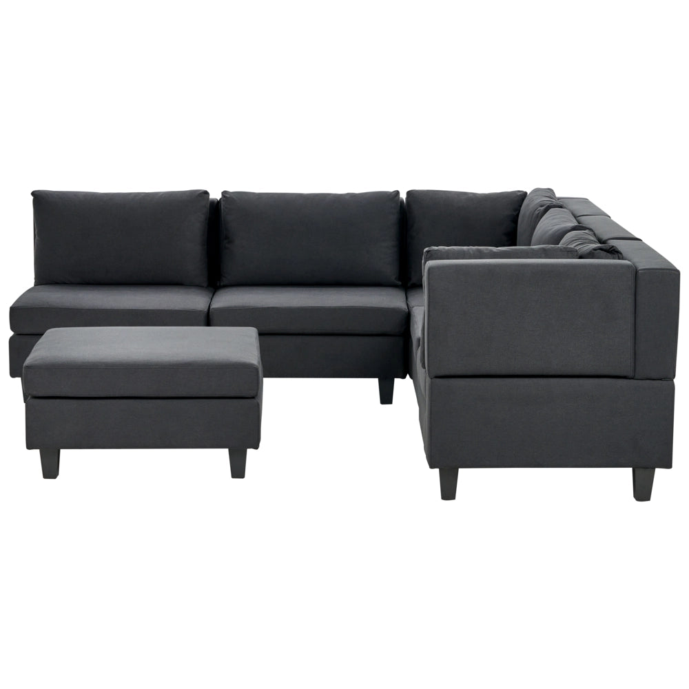 Divano componibile a 5 posti imbottito lato sinistro in tessuto nero con gambe nere e pouf stile moderno