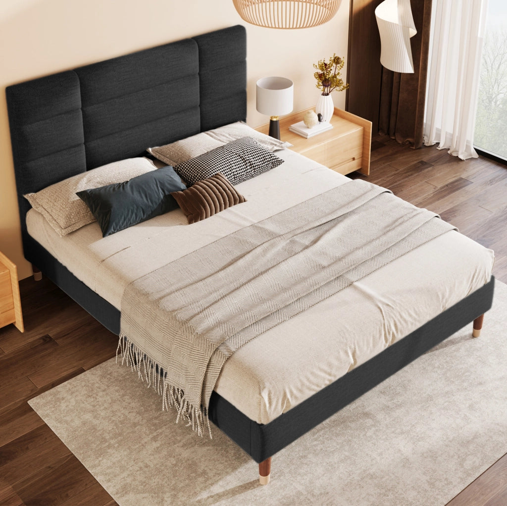 Letto matrimoniale imbottito 140x200 cm in lino nero con rete a doghe e testiera