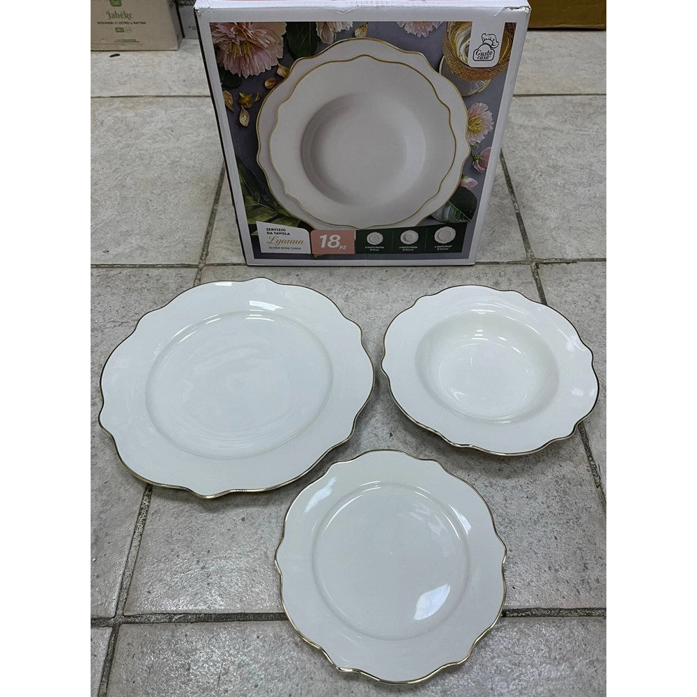 Trade Shop - Set Servizio Di Piatti Da Tavola In Porcellana 18pz Design Elegante Con Bordi Smerlati Oro -