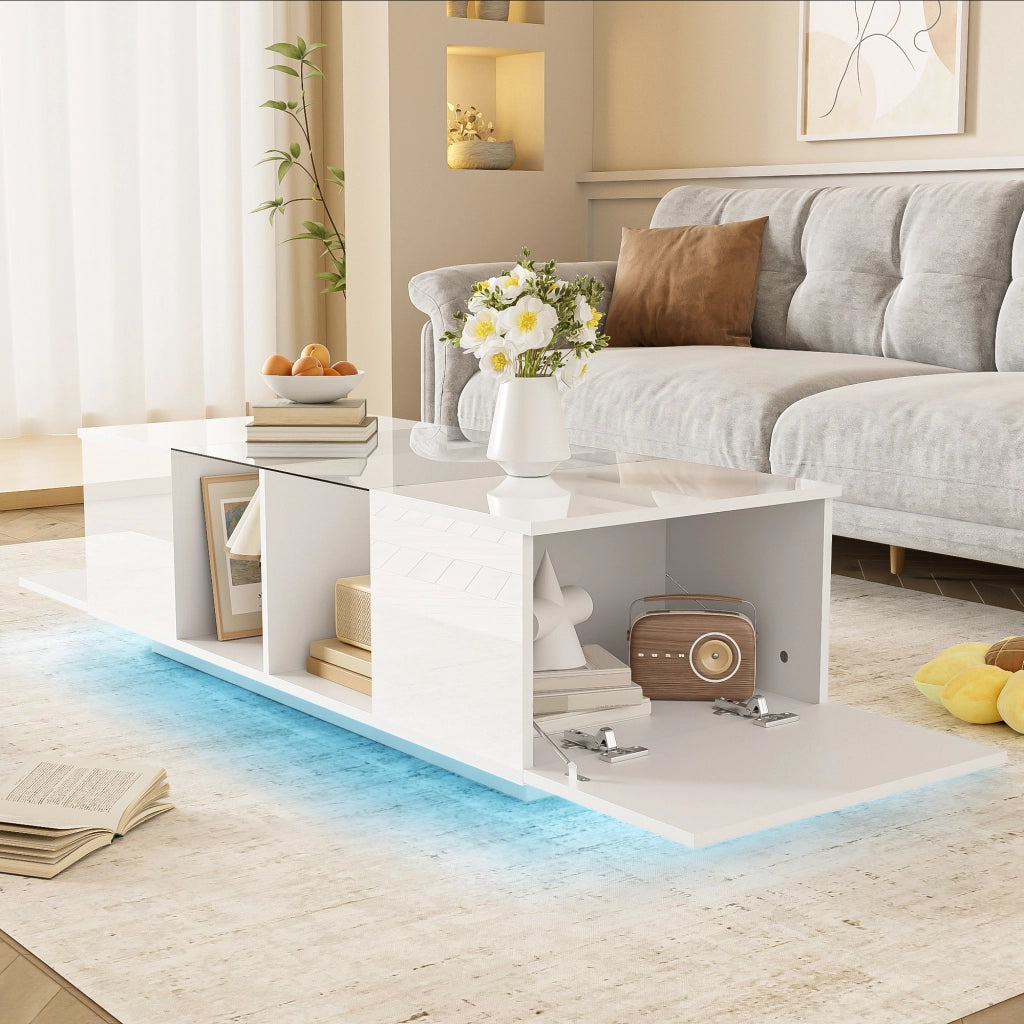 Tavolino da Salotto con 2 Ante e LED Bluetooth 16 Colori; Piano in Vetro; Bianco Lucido; in MDF e Truciolare; 120×50×38;5 cm