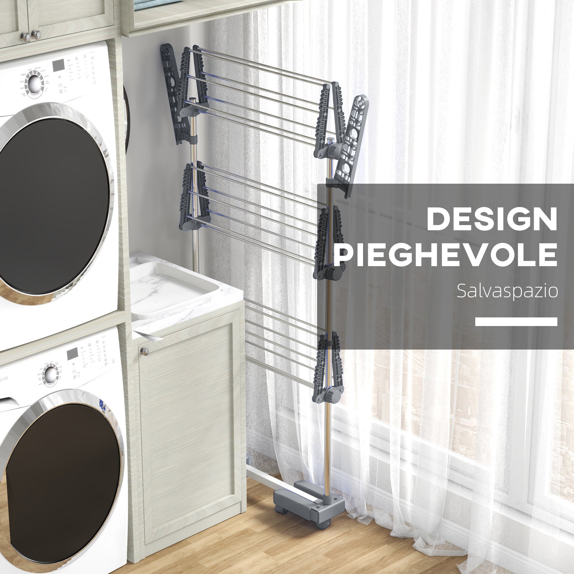 Stendino Verticale 3 Ripiani Regolabili 142x55x152 cm in Acciaio e Plastica Grigio e Argento