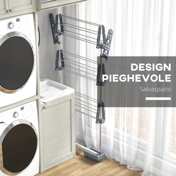 Stendino Verticale 3 Ripiani Regolabili 142x55x152 cm in Acciaio e Plastica Grigio e Argento