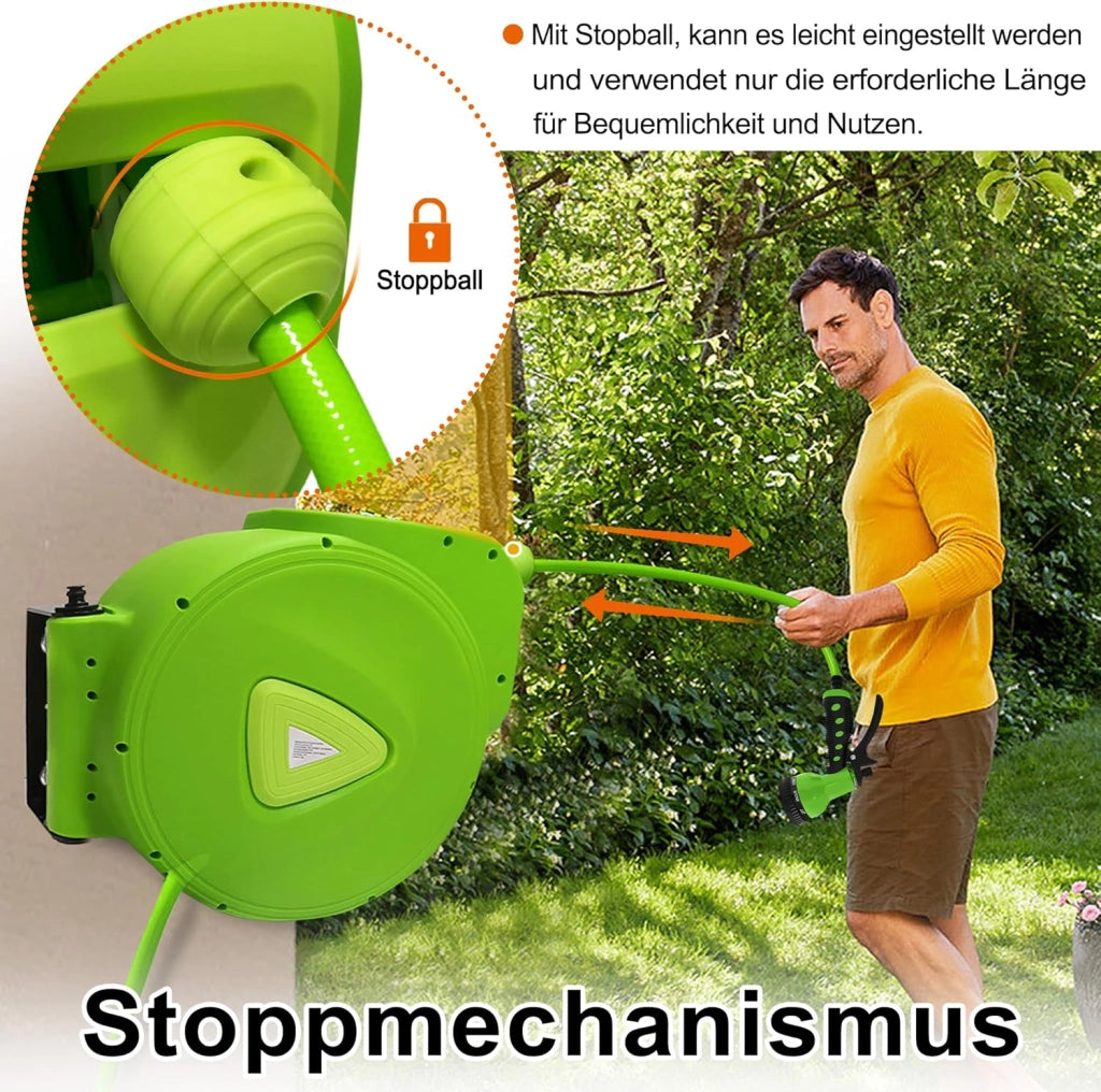 Avvolgitubo da giardino, 20 m, avvolgitubo da 3/4 pollici, con doccetta multifunzione, rullo girevole a 180°, con sfera di arresto, colore verde