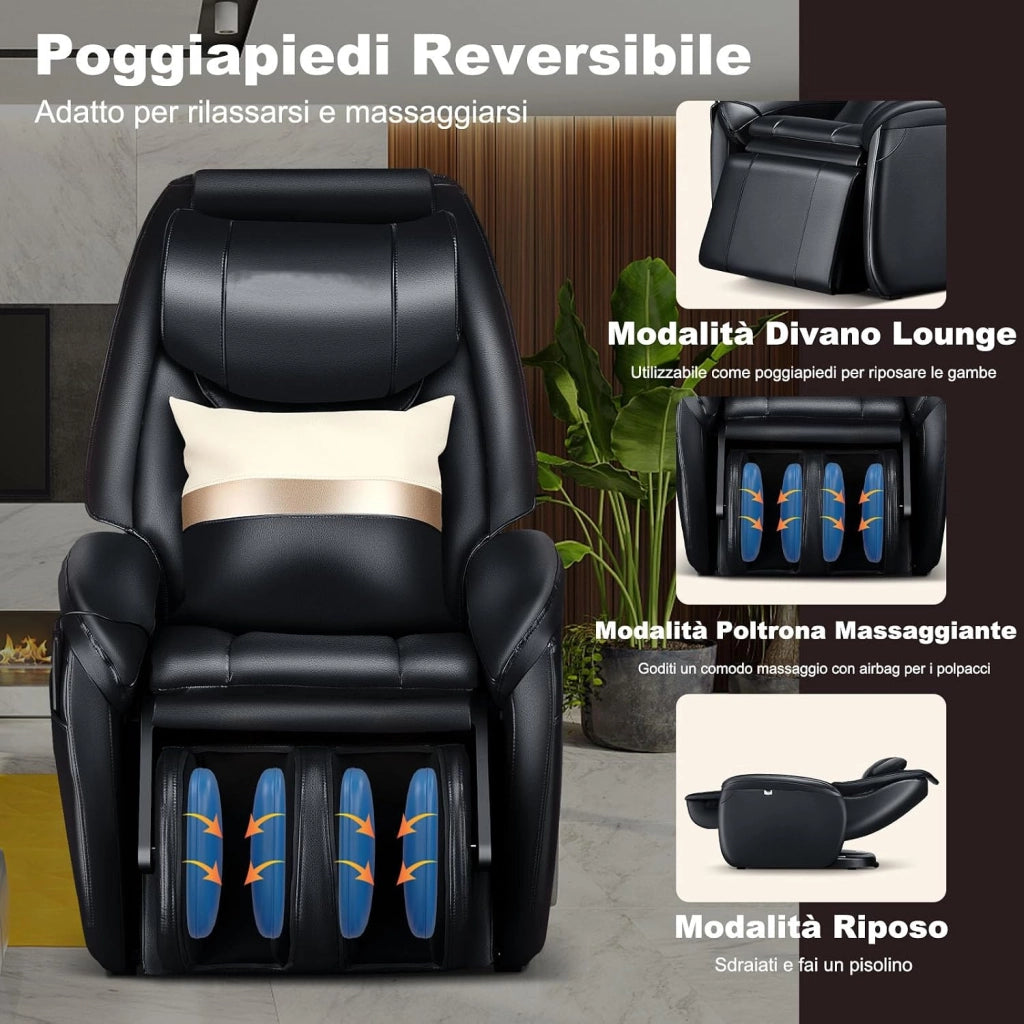 Poltrona Massaggiante Elettrica Shiatsu 8 Modalità, Poltrona Reclinabile con Riscaldatore Schienale, Rilevamento Automatico Spalle, Controllo Remoto, Ruote e Cuscino (Nero)